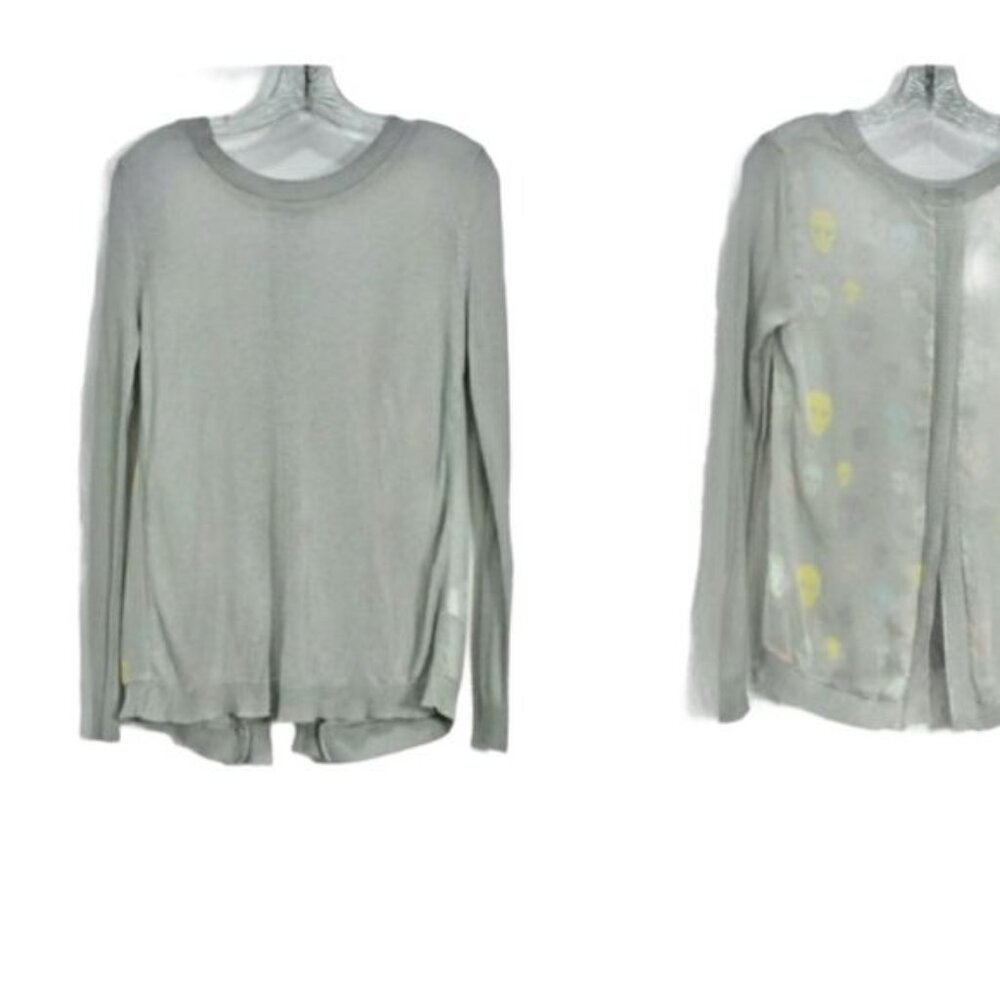 Women's T/O Gray Sweater Sheer Skull Split Back L